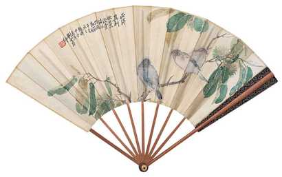 刘奎龄 张寿 甲子（1924年）作 花鸟 书法 成扇